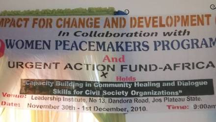 Event banner reading Capacity Building in Community Healing and Dialogue Skills for Civil Society Organizations, Leadership Institute, Jos.